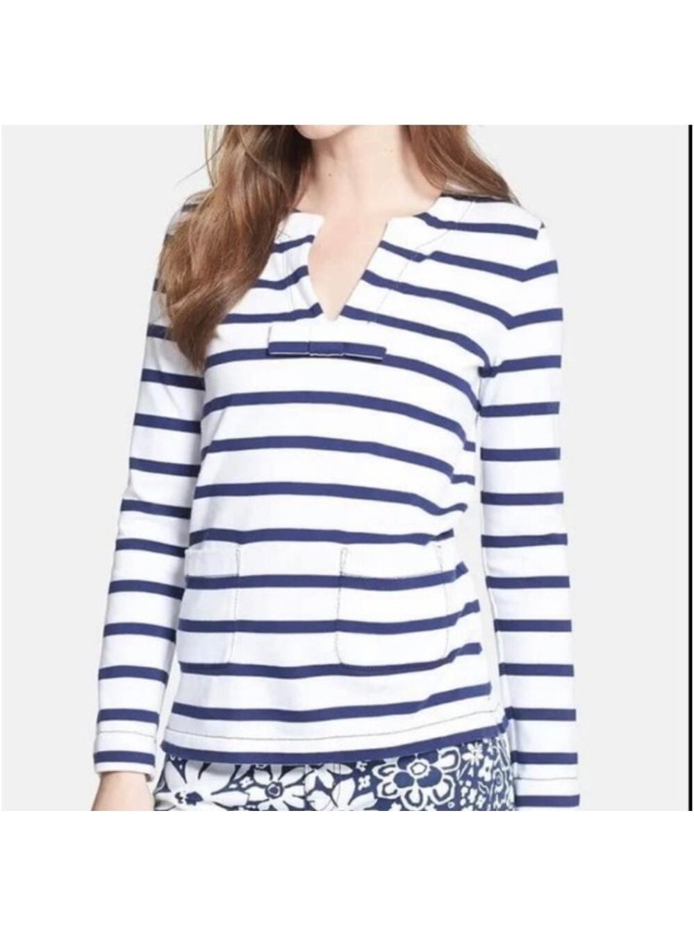 Kate Spade Top Pullover V-neck Long Sleeve Pockets Navy and White Stripes Med
